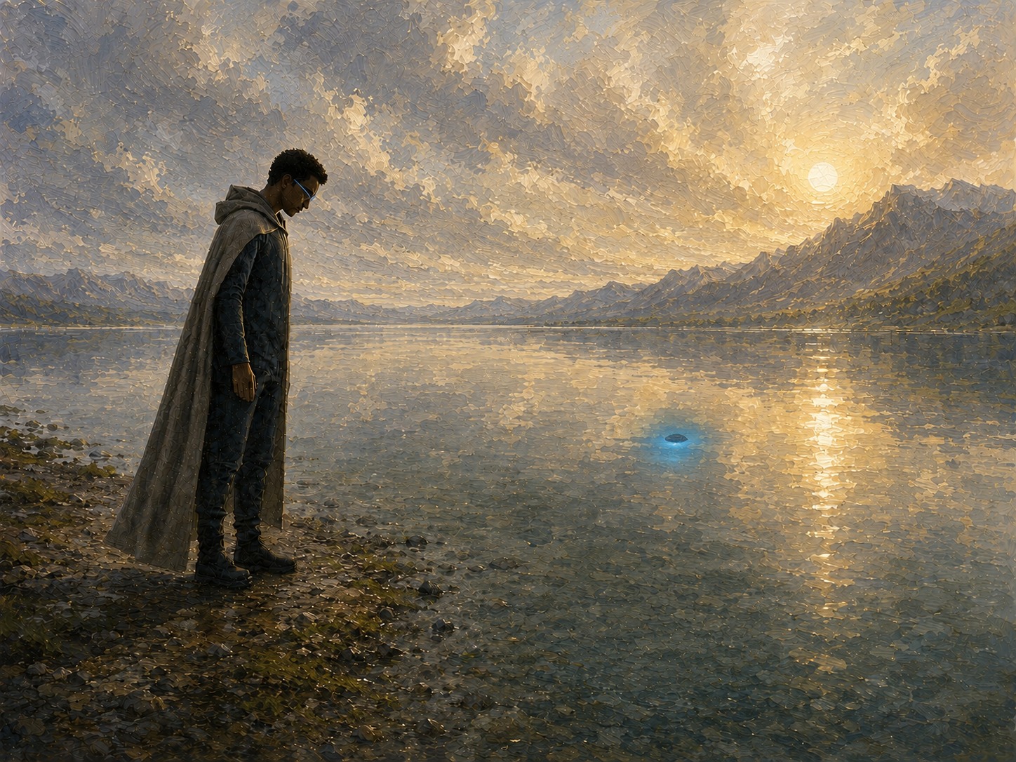 The Sight: the figure looks down into the lake and finds the enchanted stone glowing blue beneath the surface.
